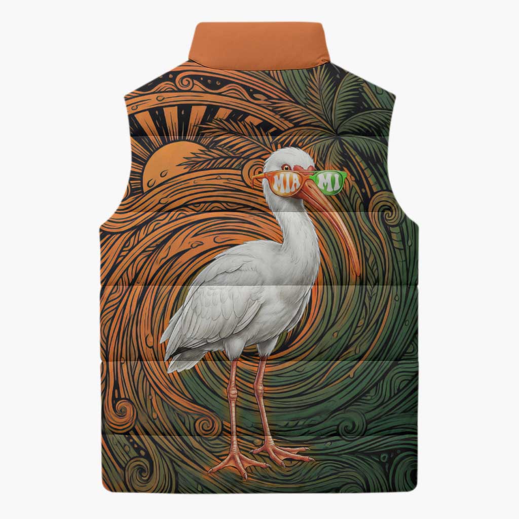 Vintage American White Ibis Sleeveless Puffer Jacket Miami Sunglasses Artistic Tribal Wave Pattern