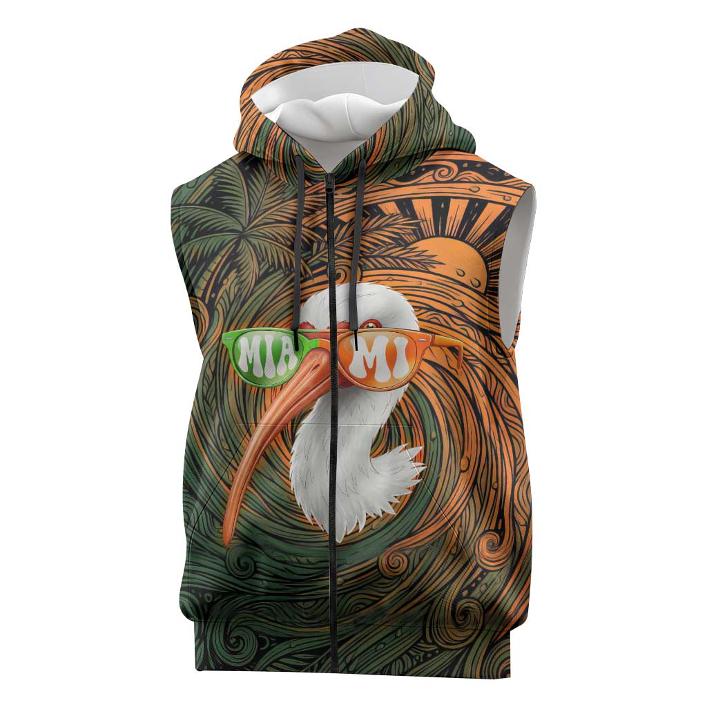 Vintage American White Ibis Sleeveless Zip Hoodie Miami Sunglasses Artistic Tribal Wave Pattern