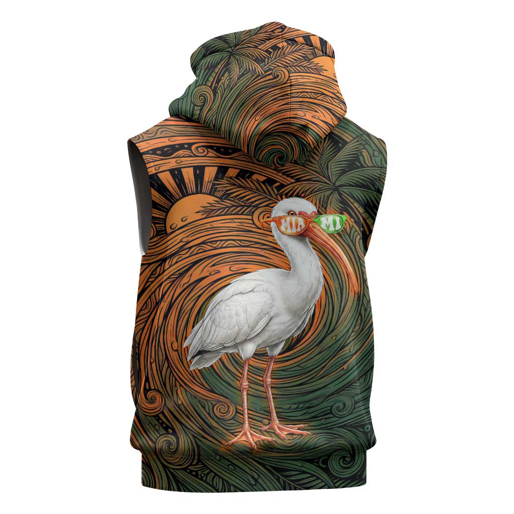 Vintage American White Ibis Sleeveless Zip Hoodie Miami Sunglasses Artistic Tribal Wave Pattern