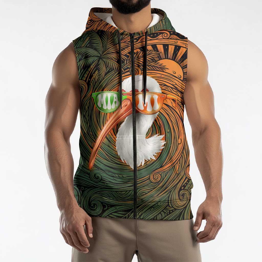Vintage American White Ibis Sleeveless Zip Hoodie Miami Sunglasses Artistic Tribal Wave Pattern