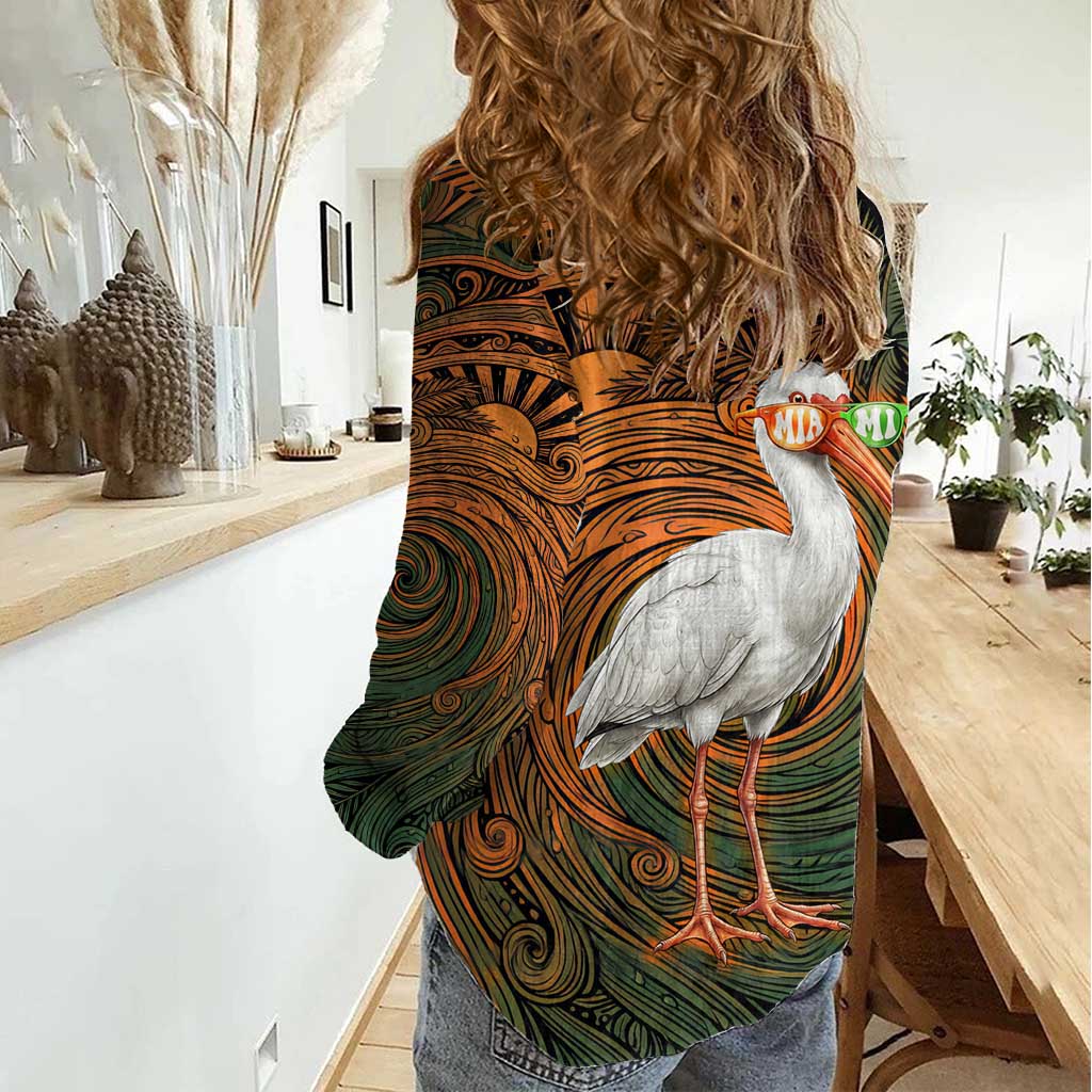 Vintage American White Ibis Women Casual Shirt Miami Sunglasses Artistic Tribal Wave Pattern
