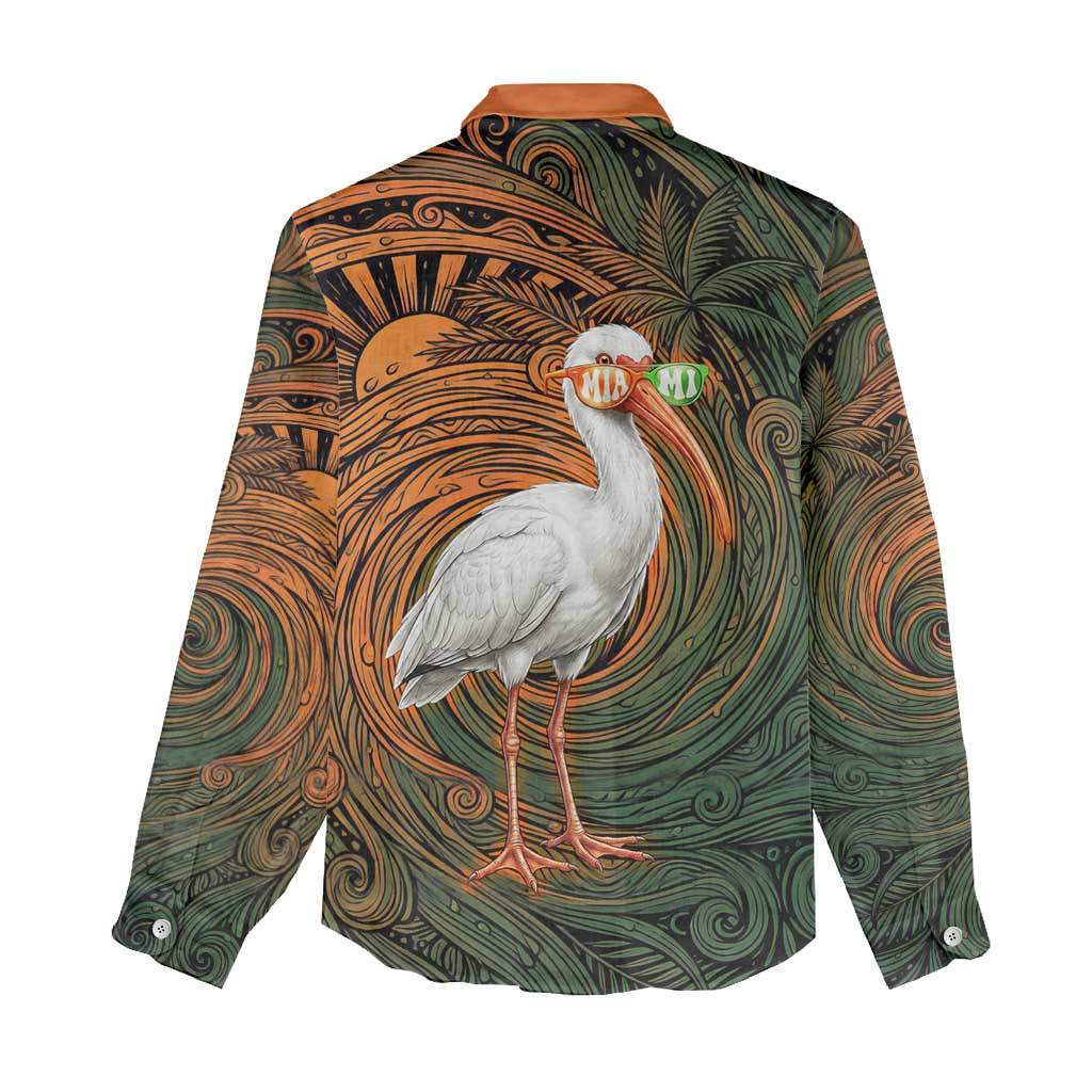 Vintage American White Ibis Women Casual Shirt Miami Sunglasses Artistic Tribal Wave Pattern