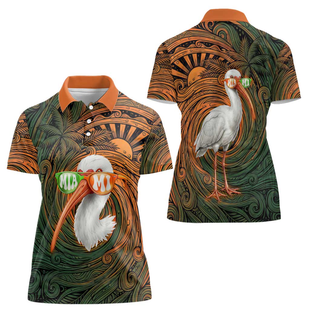 Vintage American White Ibis Women Polo Shirt Miami Sunglasses Artistic Tribal Wave Pattern