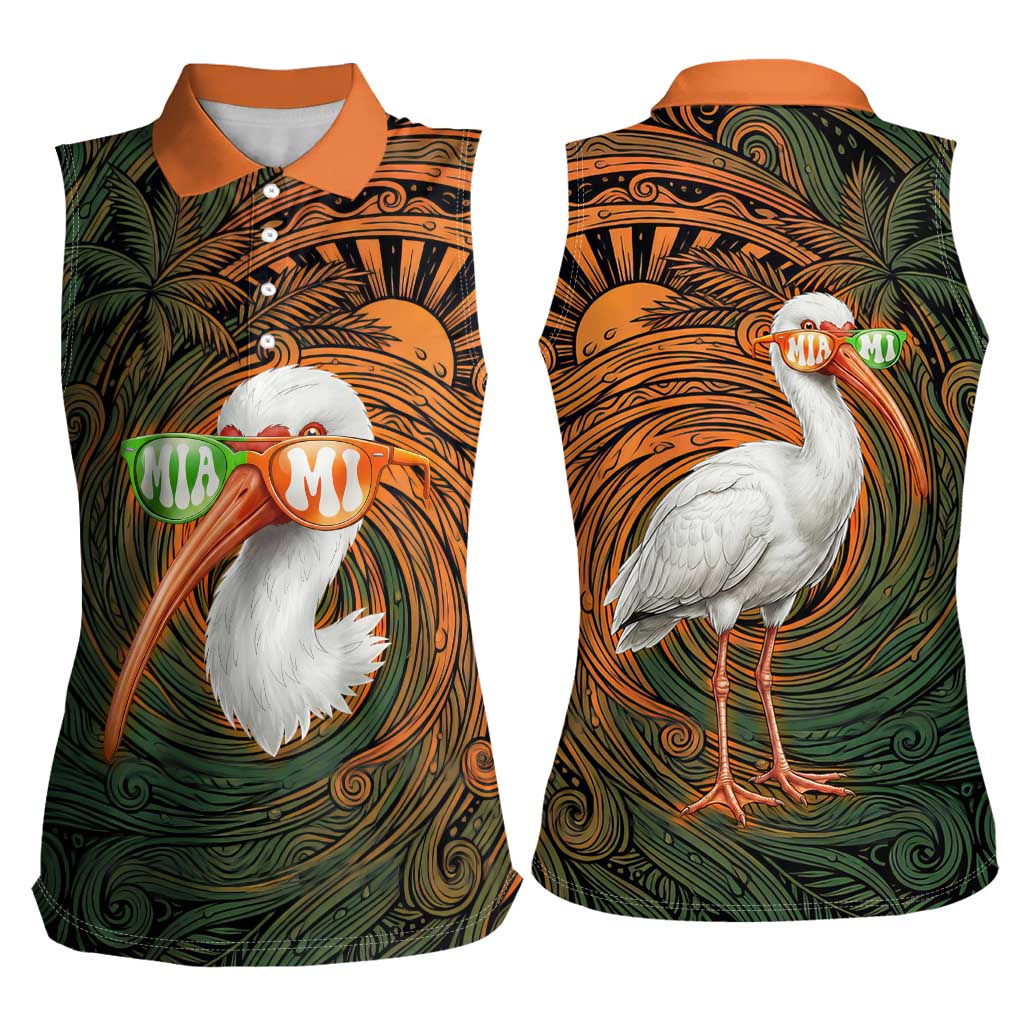 Vintage American White Ibis Women Sleeveless Polo Shirt Miami Sunglasses Artistic Tribal Wave Pattern