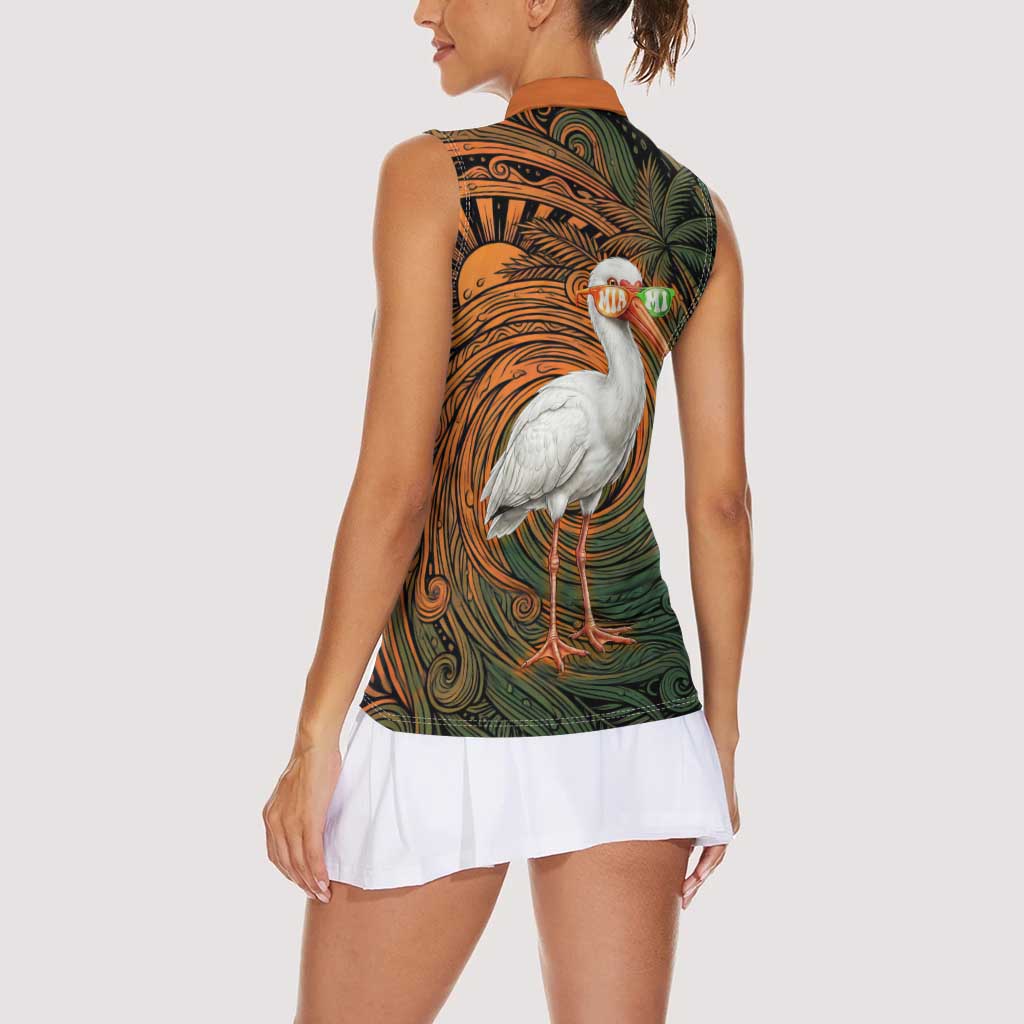 Vintage American White Ibis Women Sleeveless Polo Shirt Miami Sunglasses Artistic Tribal Wave Pattern