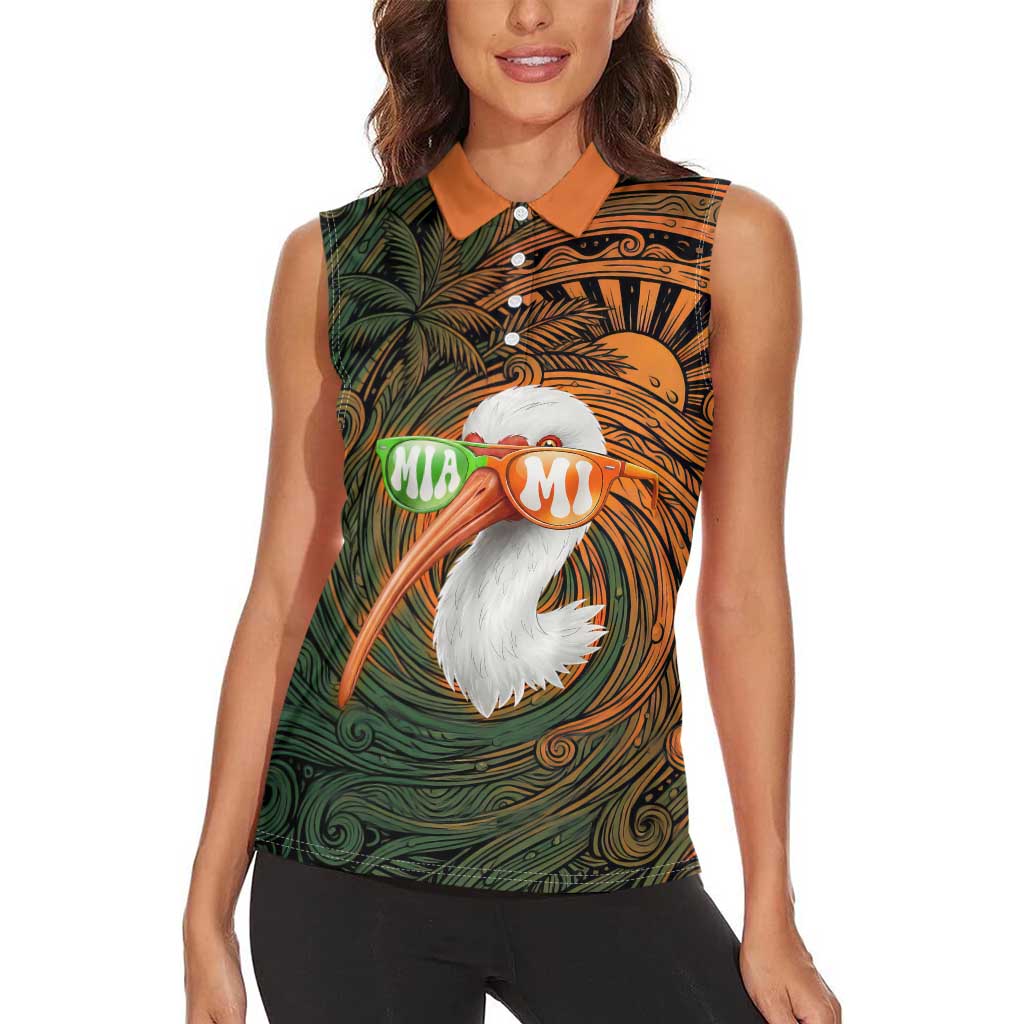 Vintage American White Ibis Women Sleeveless Polo Shirt Miami Sunglasses Artistic Tribal Wave Pattern