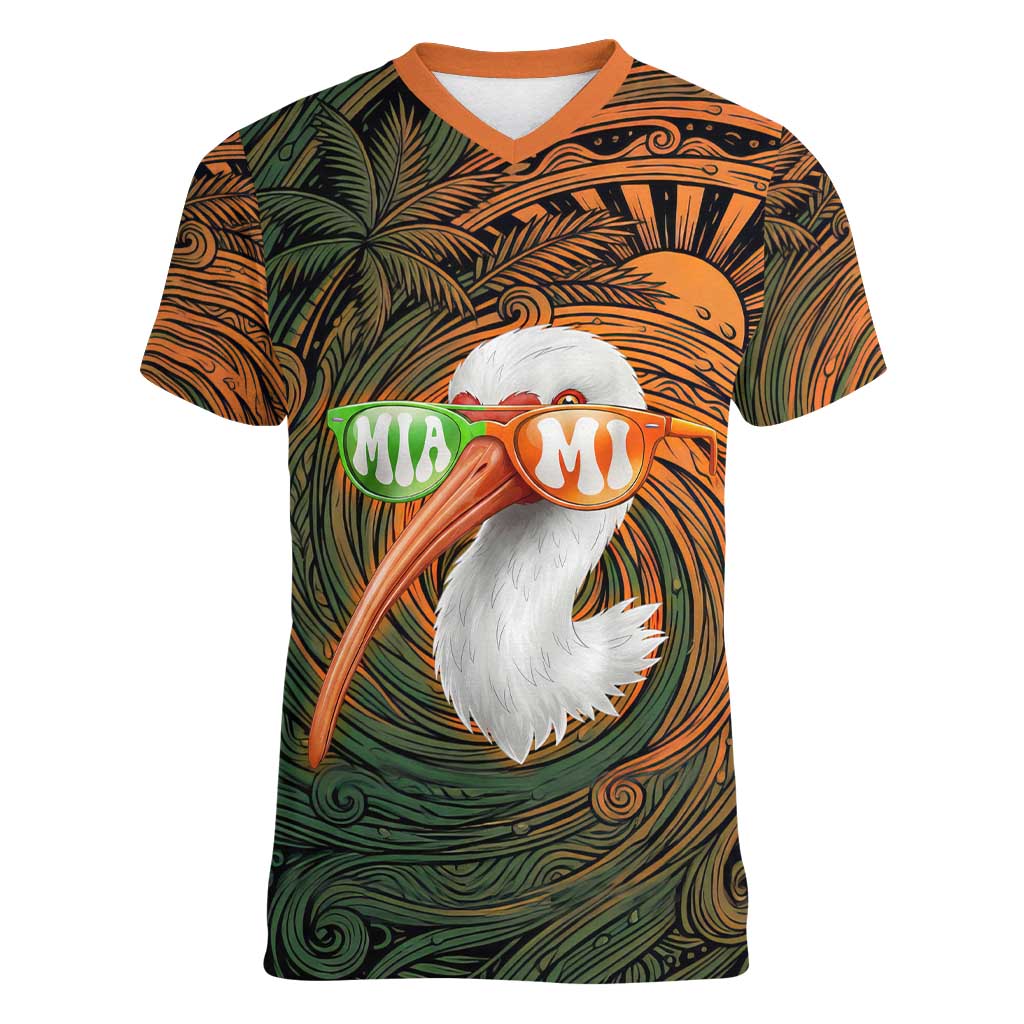 Vintage American White Ibis Women V-Neck T-Shirt Miami Sunglasses Artistic Tribal Wave Pattern