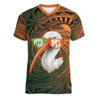 Vintage American White Ibis Women V-Neck T-Shirt Miami Sunglasses Artistic Tribal Wave Pattern