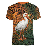 Vintage American White Ibis Women V-Neck T-Shirt Miami Sunglasses Artistic Tribal Wave Pattern