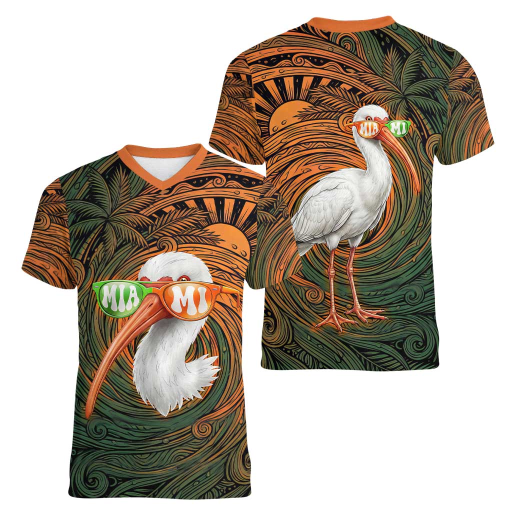 Vintage American White Ibis Women V-Neck T-Shirt Miami Sunglasses Artistic Tribal Wave Pattern