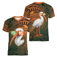 Vintage American White Ibis Women V-Neck T-Shirt Miami Sunglasses Artistic Tribal Wave Pattern
