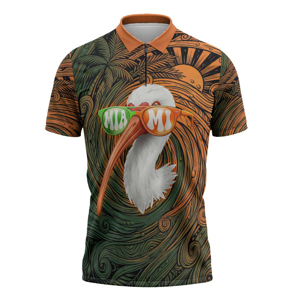 Vintage American White Ibis Zipper Polo Shirt Miami Sunglasses Artistic Tribal Wave Pattern