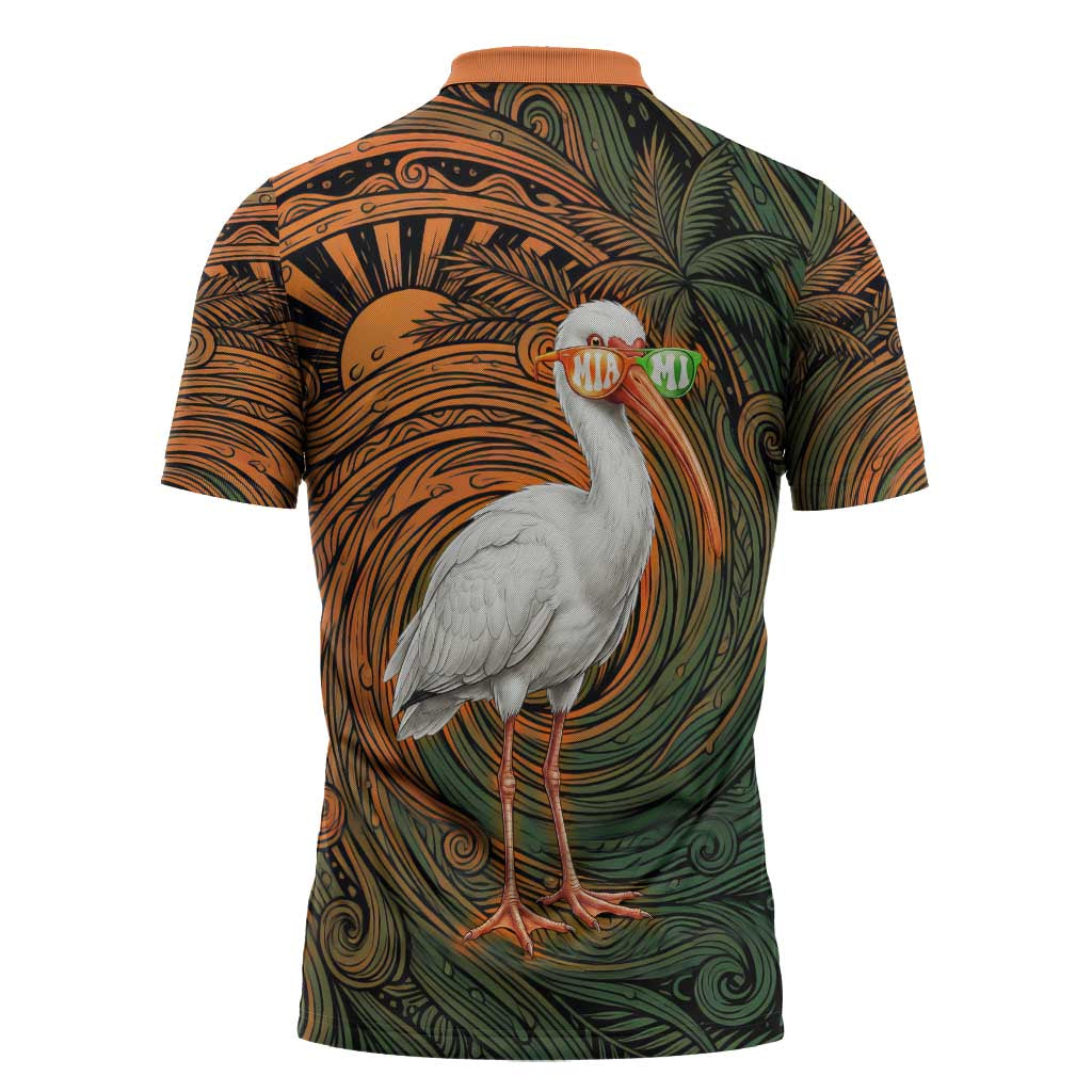 Vintage American White Ibis Zipper Polo Shirt Miami Sunglasses Artistic Tribal Wave Pattern