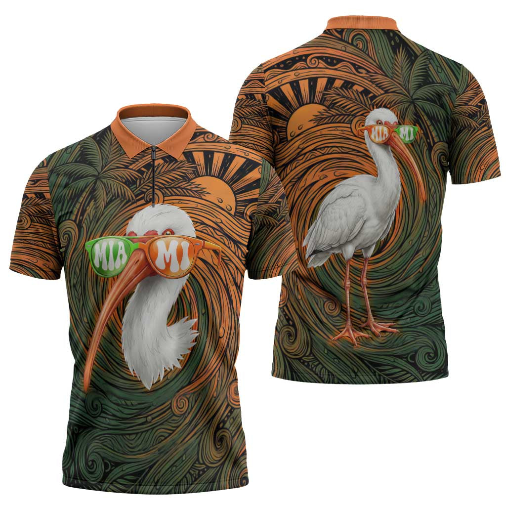 Vintage American White Ibis Zipper Polo Shirt Miami Sunglasses Artistic Tribal Wave Pattern