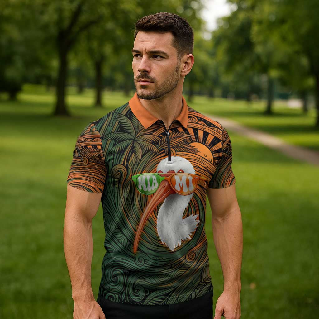 Vintage American White Ibis Zipper Polo Shirt Miami Sunglasses Artistic Tribal Wave Pattern