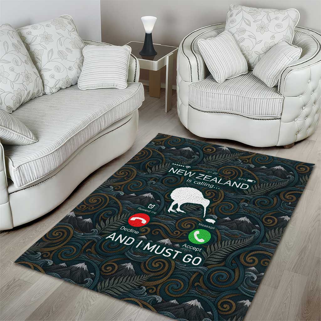 New Zealand is Calling and I Must Go Area Rug Kiwi Bird Silhouette