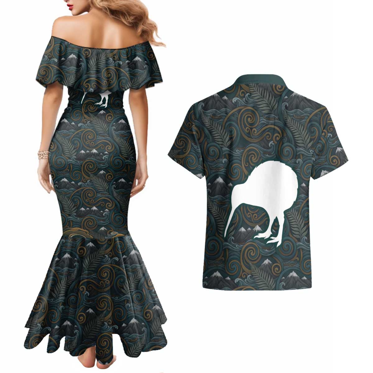 New Zealand is Calling and I Must Go Couples Matching Mermaid Dress and Hawaiian Shirt Kiwi Bird Silhouette