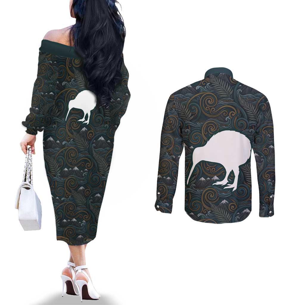 New Zealand is Calling and I Must Go Couples Matching Off The Shoulder Long Sleeve Dress and Long Sleeve Button Shirt Kiwi Bird Silhouette