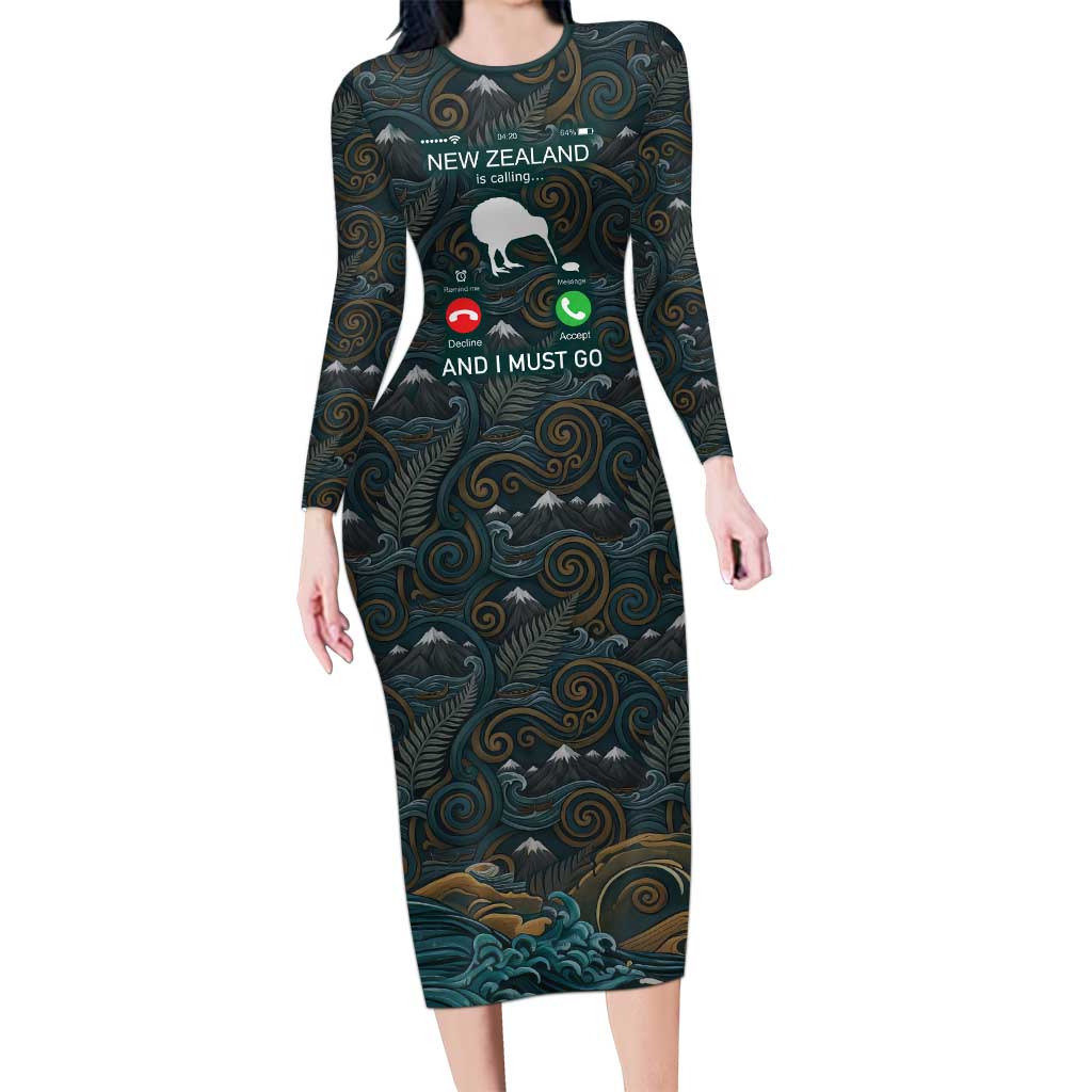 New Zealand is Calling and I Must Go Long Sleeve Bodycon Dress Kiwi Bird Silhouette