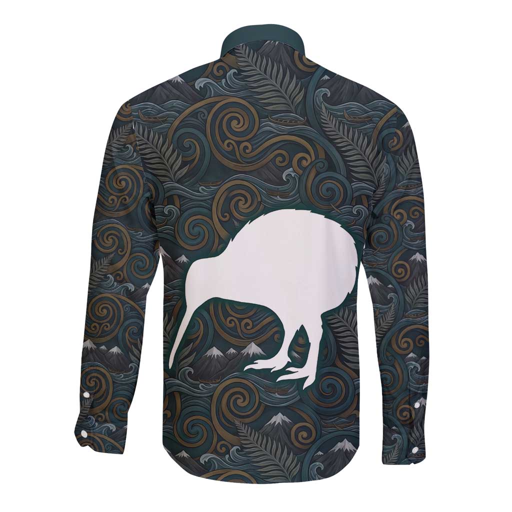 New Zealand is Calling and I Must Go Long Sleeve Button Shirt Kiwi Bird Silhouette