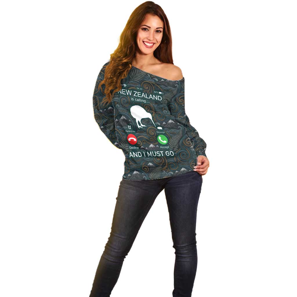 New Zealand is Calling and I Must Go Off Shoulder Sweater Kiwi Bird Silhouette