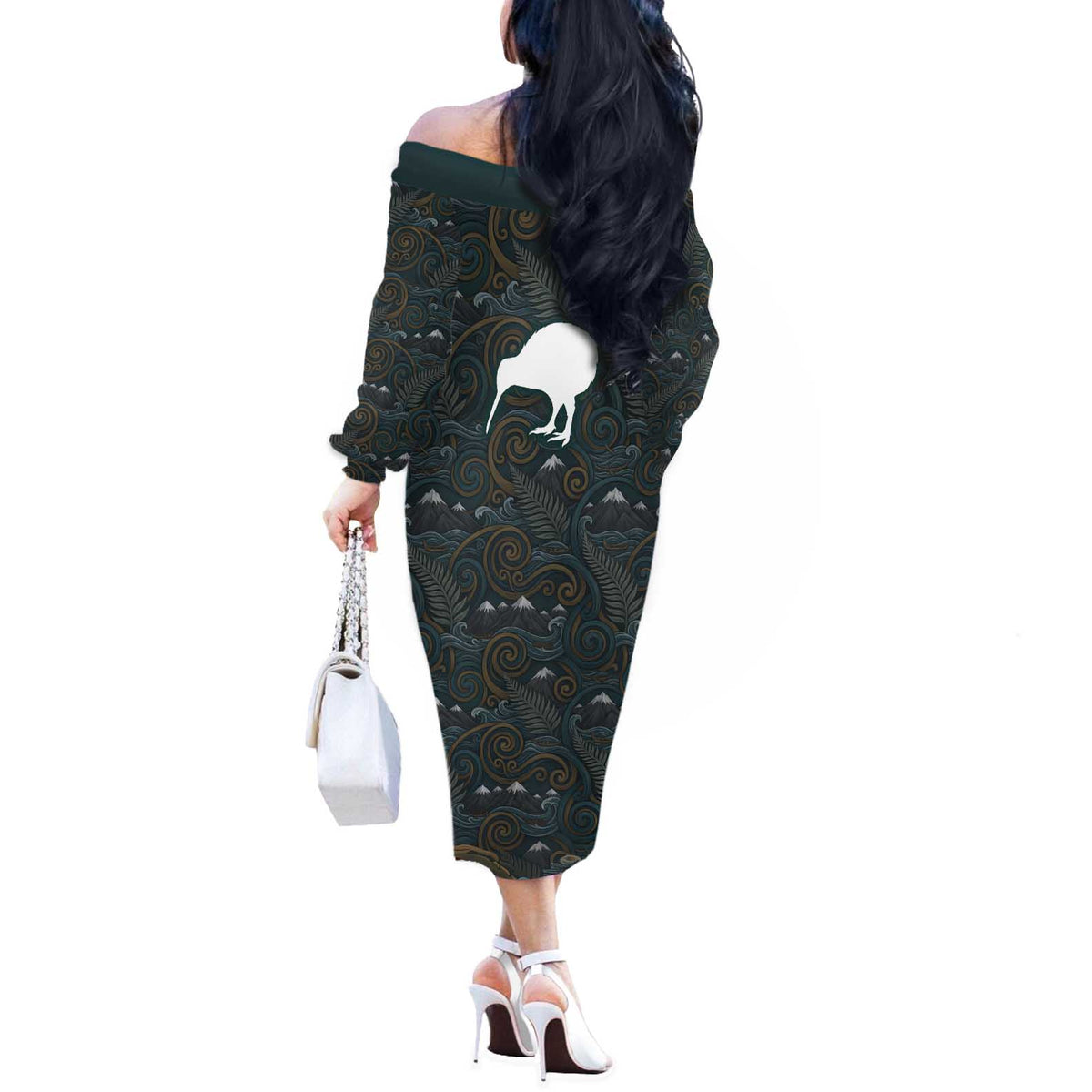 New Zealand is Calling and I Must Go Off The Shoulder Long Sleeve Dress Kiwi Bird Silhouette