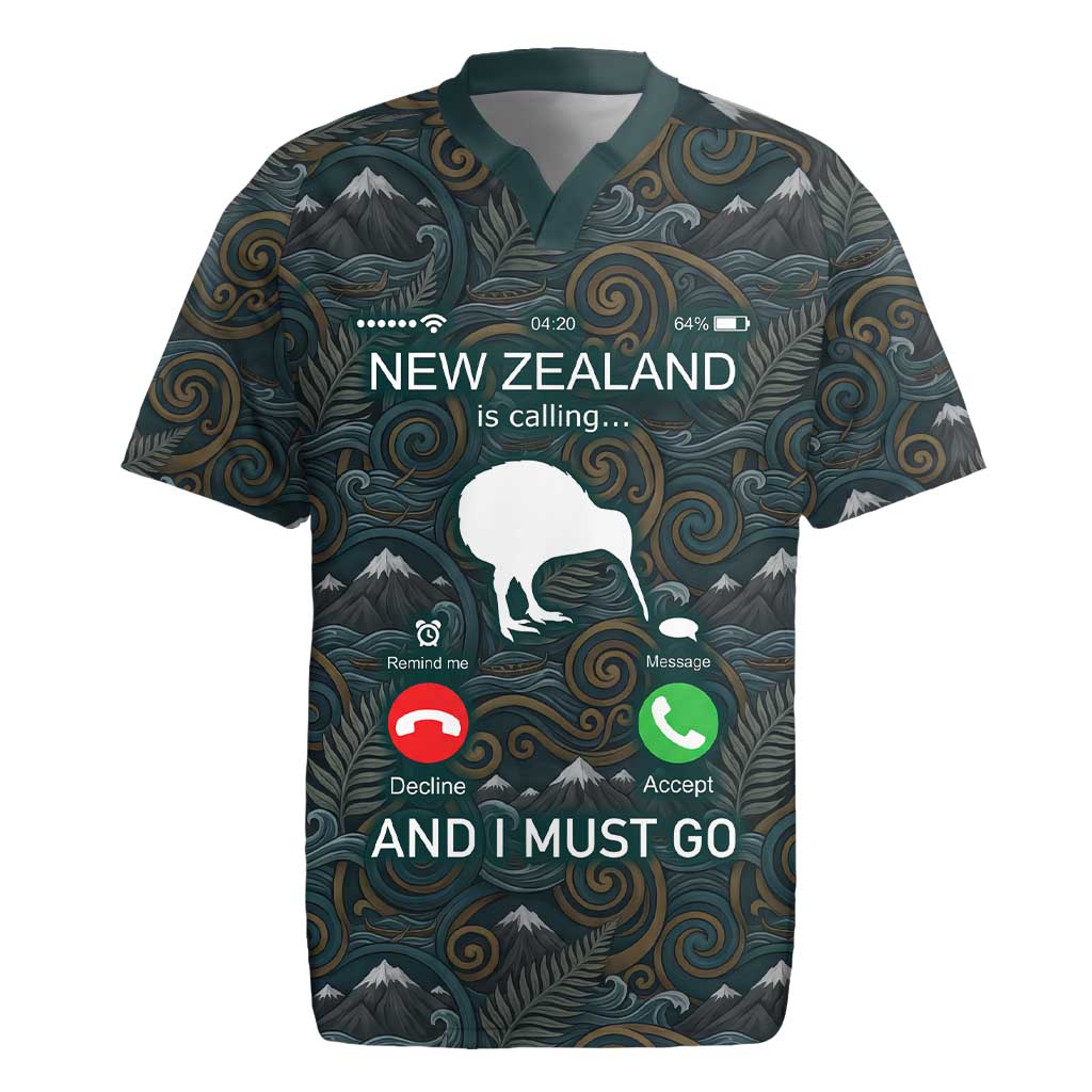 New Zealand is Calling and I Must Go Rugby Jersey Kiwi Bird Silhouette