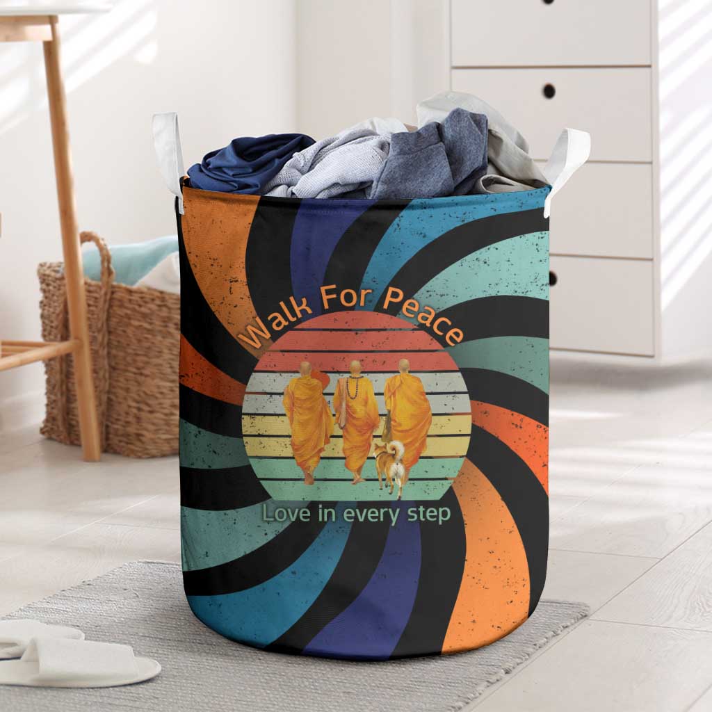 Buddhist Monks Walk For Peace Laundry Basket with Retro Sunset Swirl Pattern