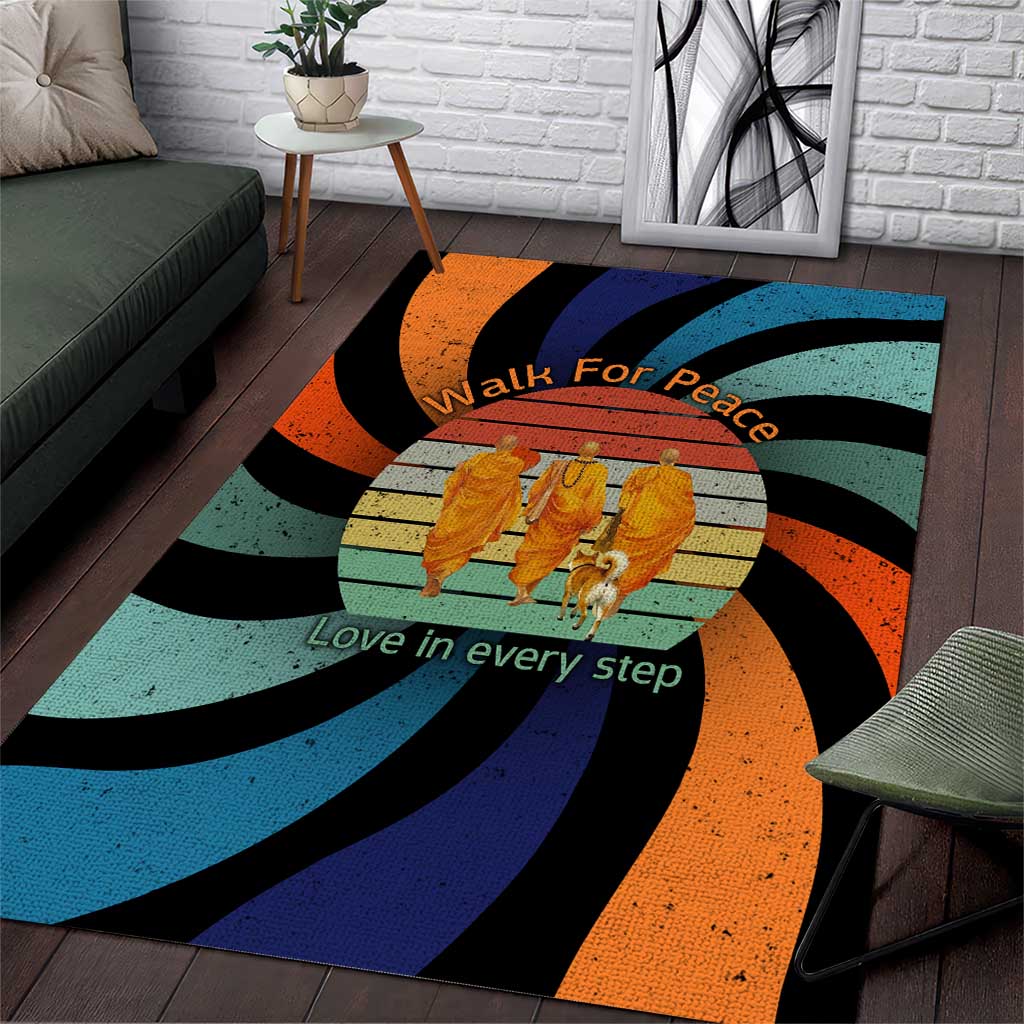 Buddhist Monks Walk For Peace Area Rug with Retro Sunset Swirl Pattern