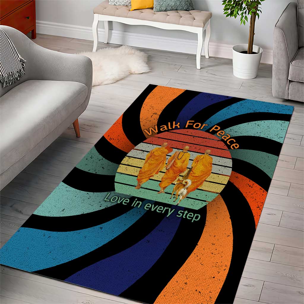 Buddhist Monks Walk For Peace Area Rug with Retro Sunset Swirl Pattern