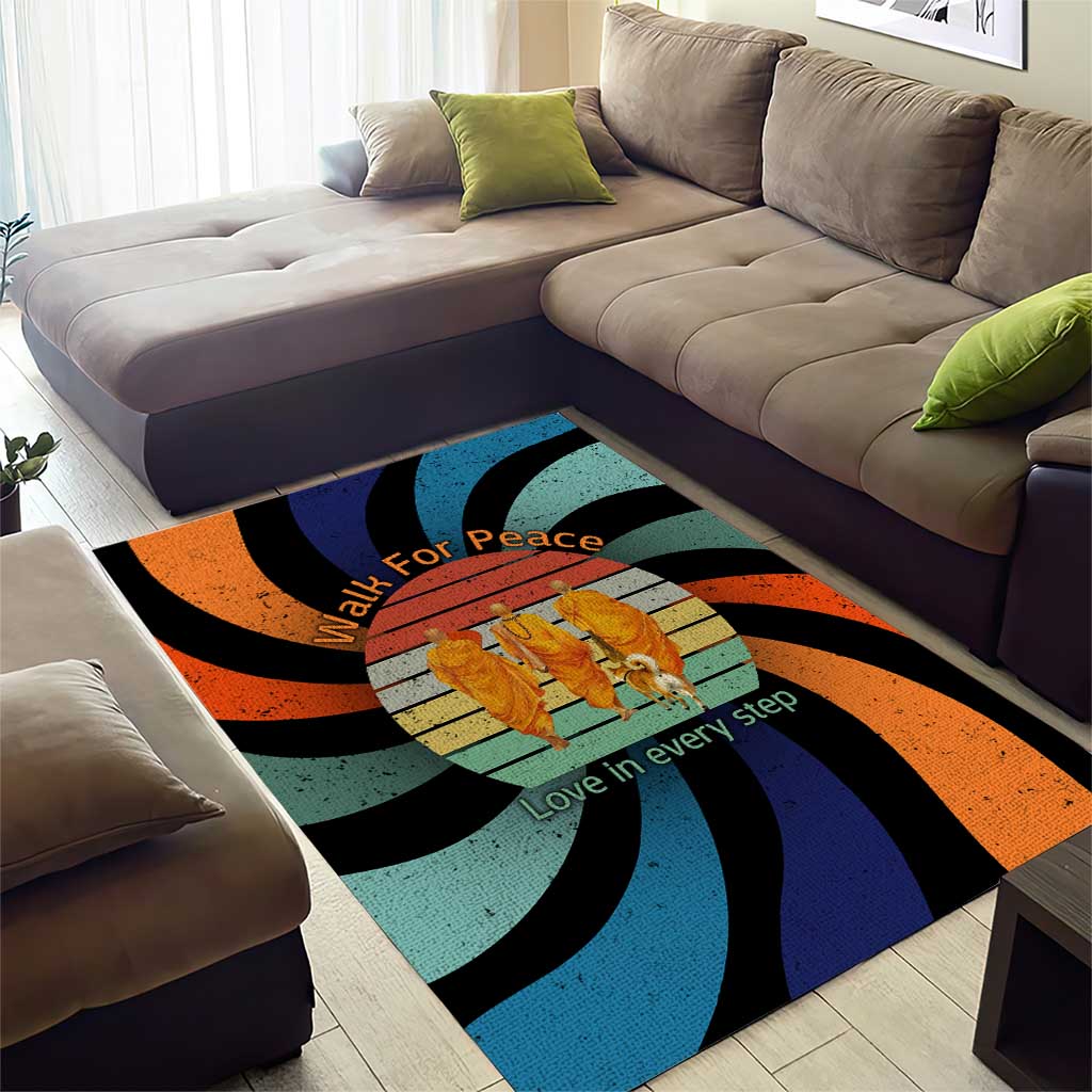 Buddhist Monks Walk For Peace Area Rug with Retro Sunset Swirl Pattern
