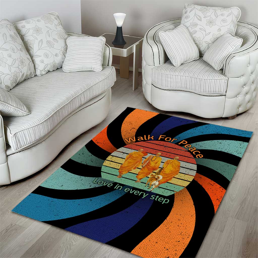 Buddhist Monks Walk For Peace Area Rug with Retro Sunset Swirl Pattern