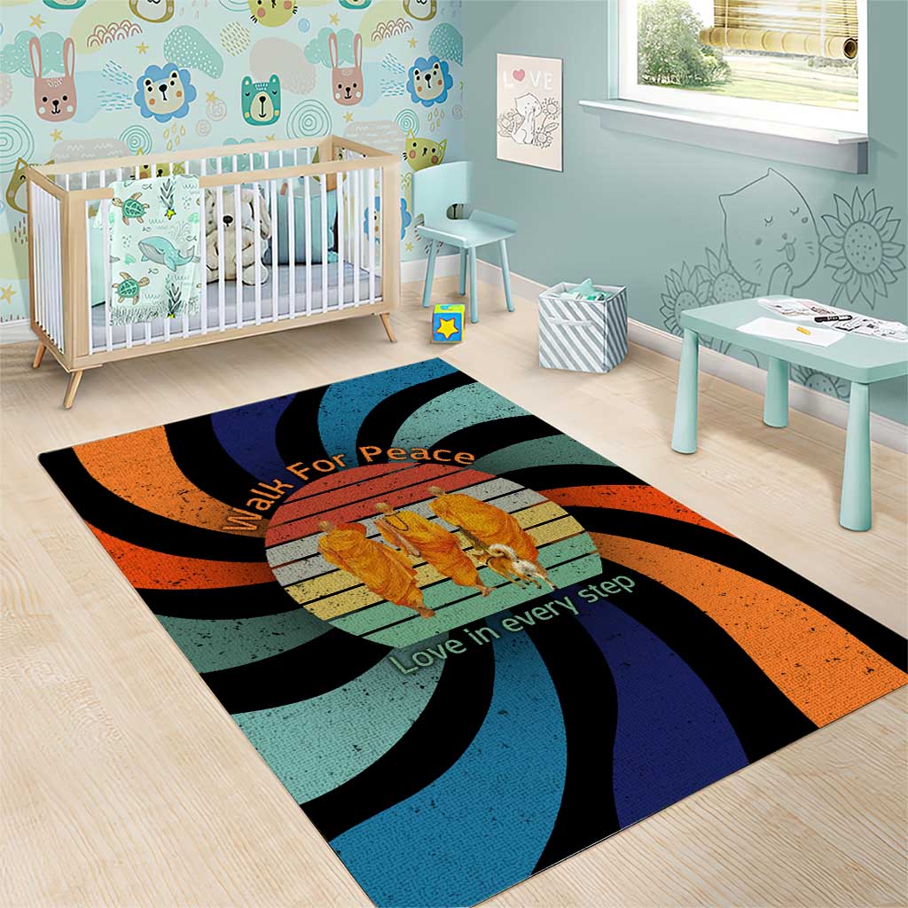 Buddhist Monks Walk For Peace Area Rug with Retro Sunset Swirl Pattern