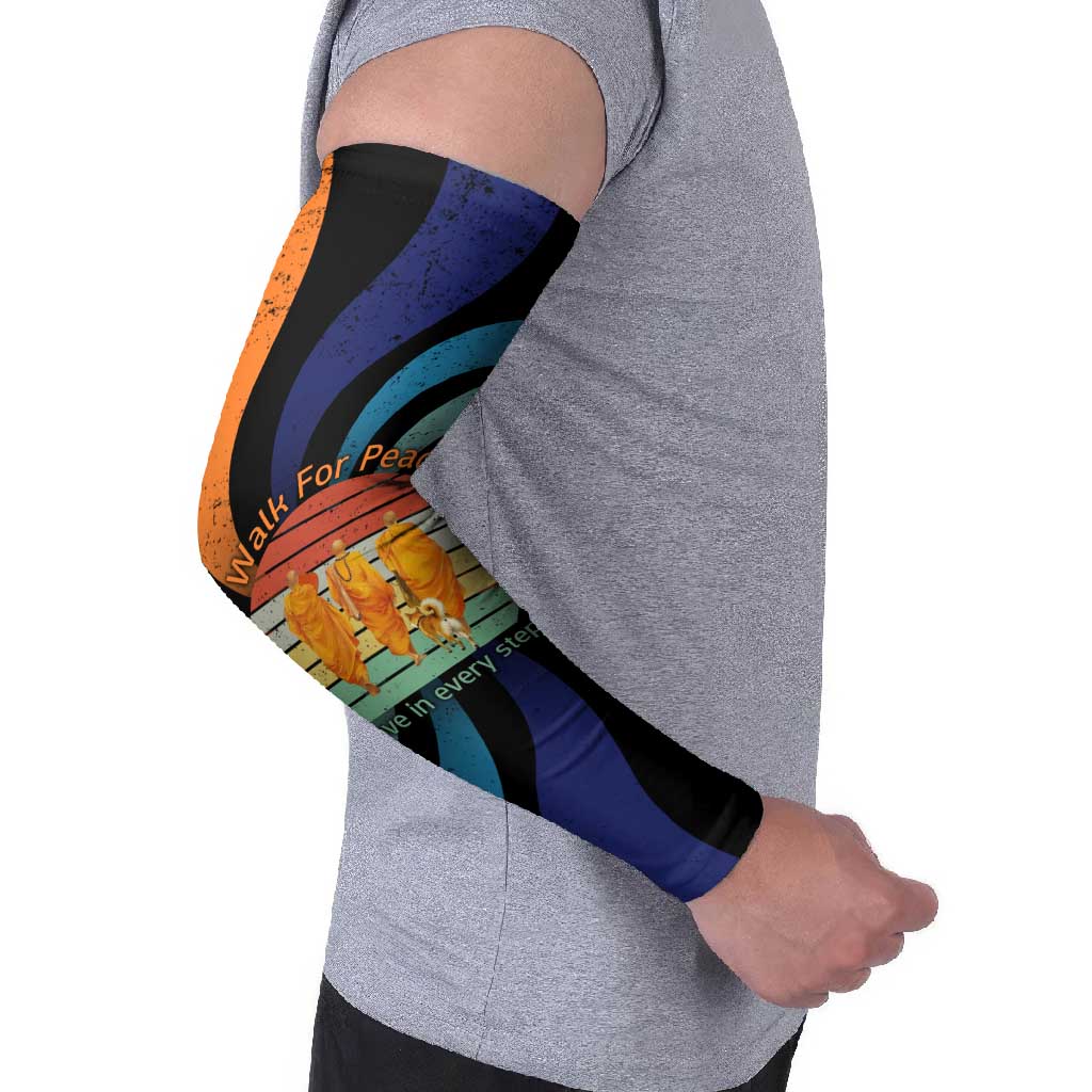 Buddhist Monks Walk For Peace Arm Sleeves with Retro Sunset Swirl Pattern