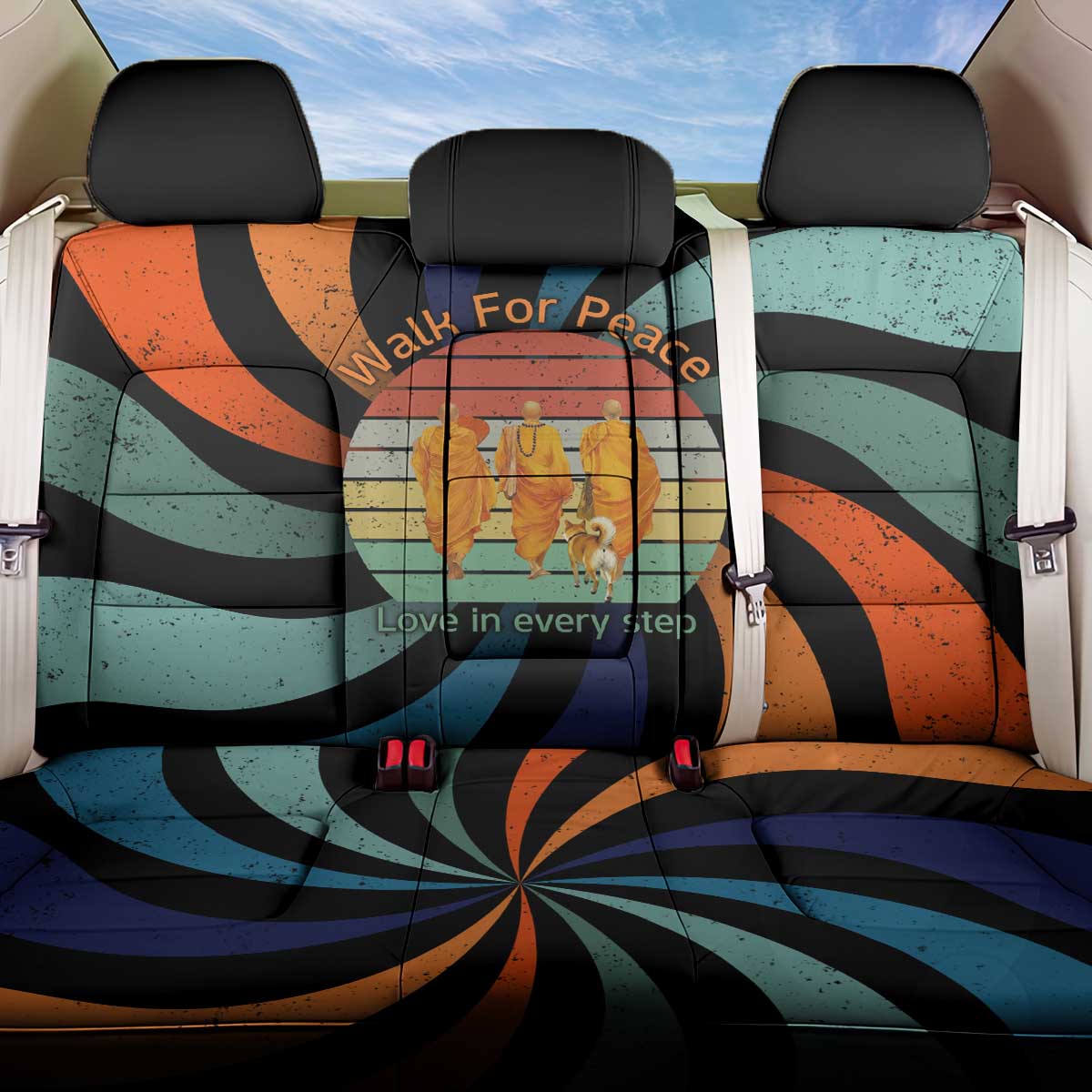 Buddhist Monks Walk For Peace Back Car Seat Cover with Retro Sunset Swirl Pattern
