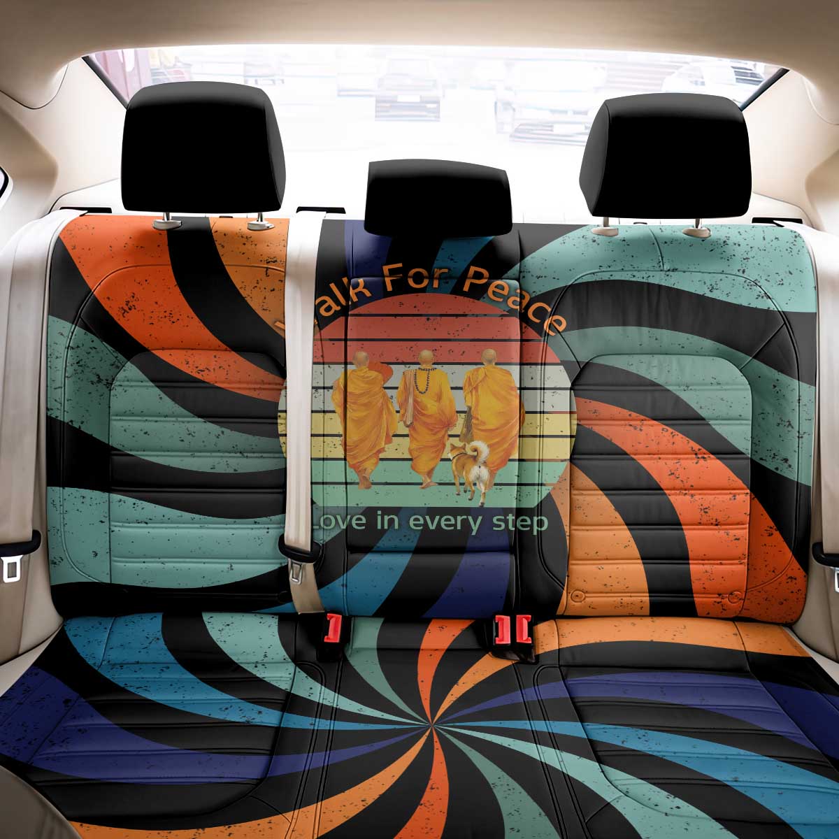 Buddhist Monks Walk For Peace Back Car Seat Cover with Retro Sunset Swirl Pattern