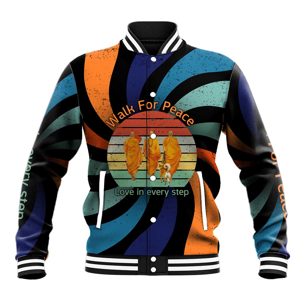 Buddhist Monks Walk For Peace Baseball Jacket with Retro Sunset Swirl Pattern