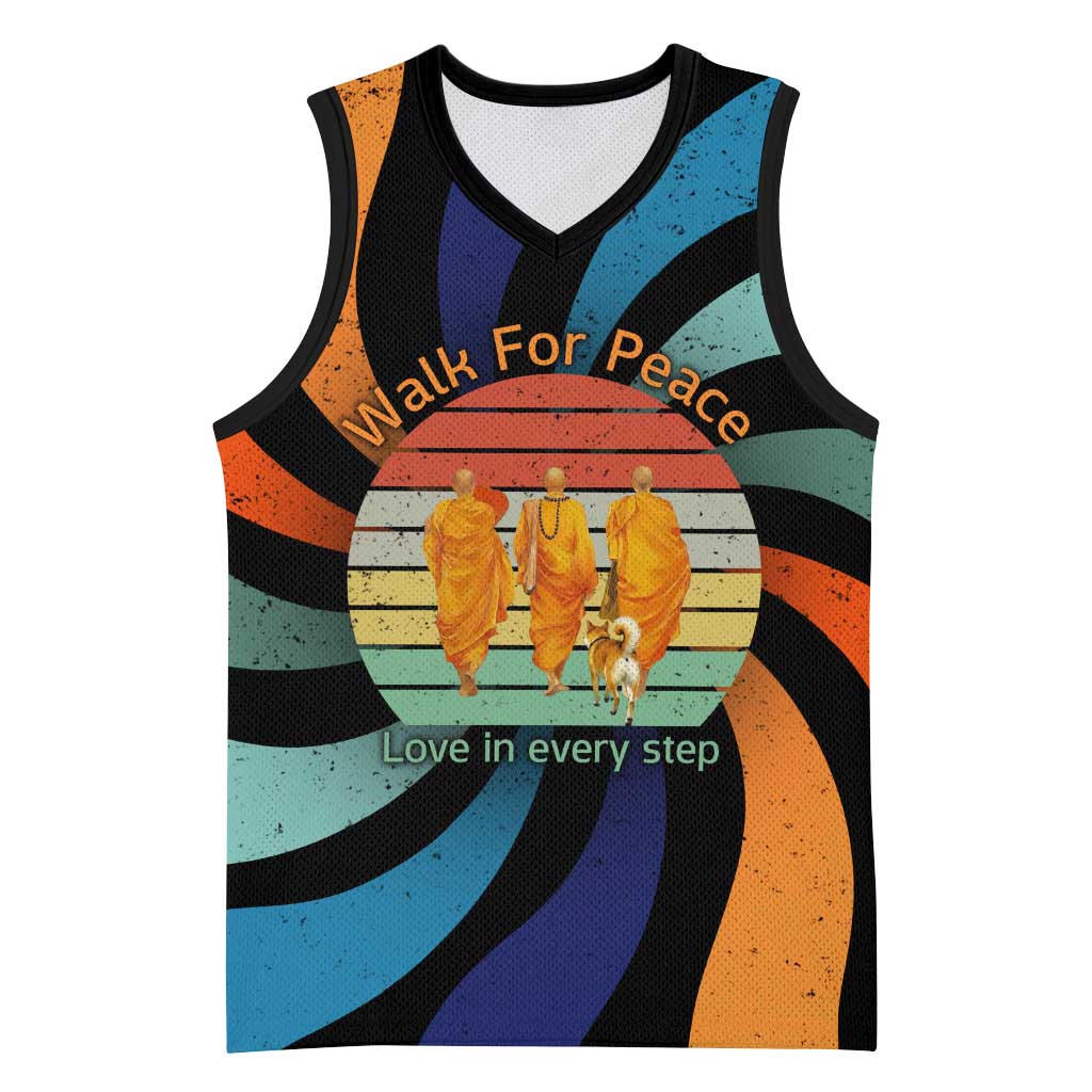 Buddhist Monks Walk For Peace Basketball Jersey with Retro Sunset Swirl Pattern