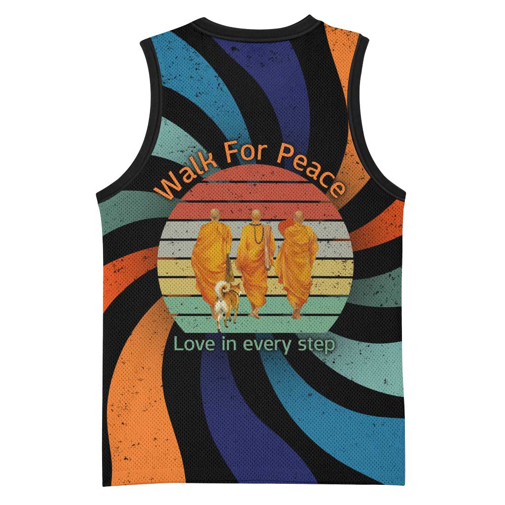 Buddhist Monks Walk For Peace Basketball Jersey with Retro Sunset Swirl Pattern