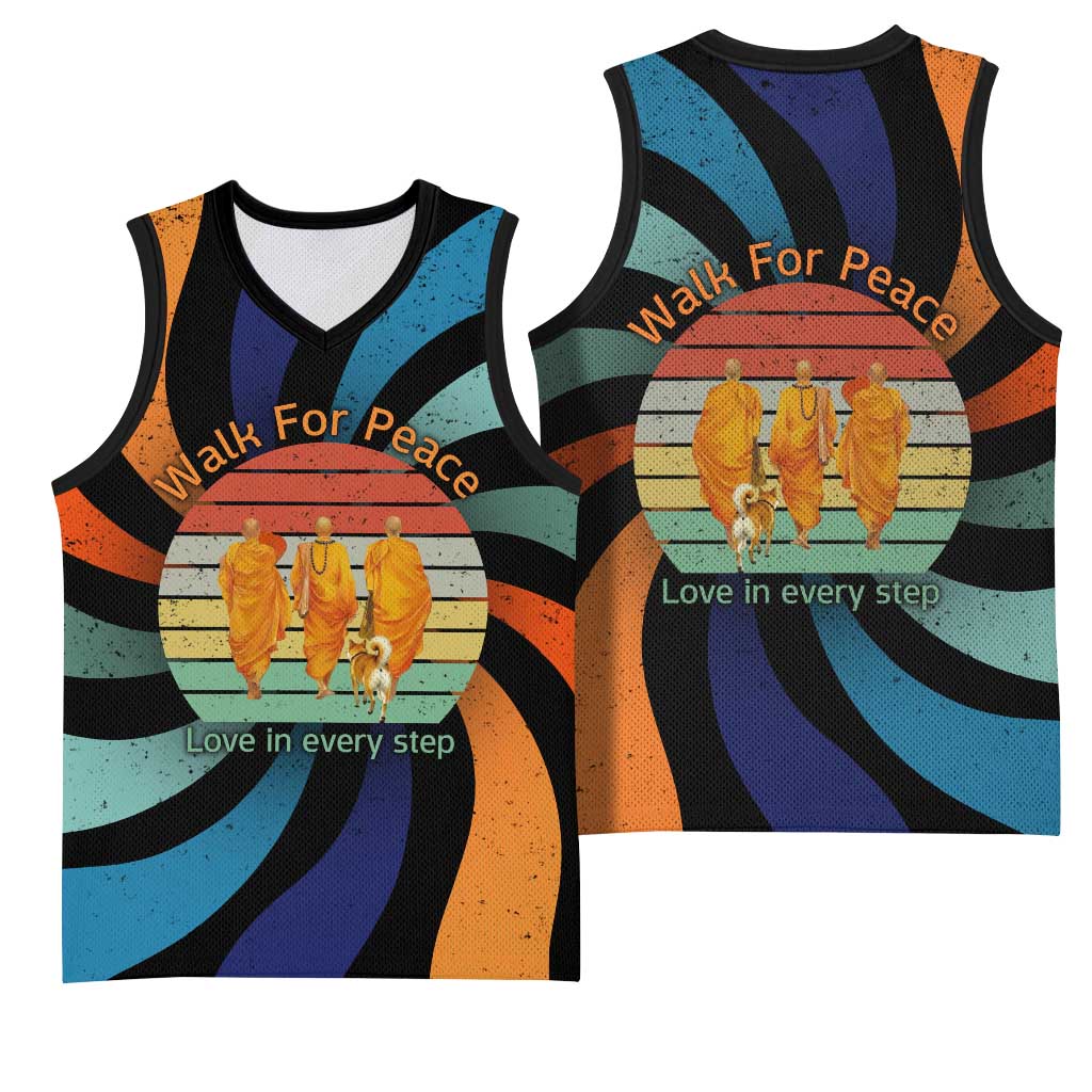 Buddhist Monks Walk For Peace Basketball Jersey with Retro Sunset Swirl Pattern