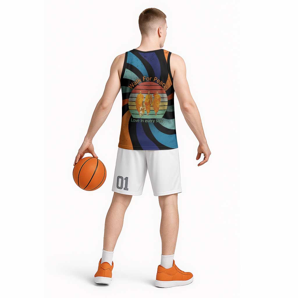 Buddhist Monks Walk For Peace Basketball Jersey with Retro Sunset Swirl Pattern