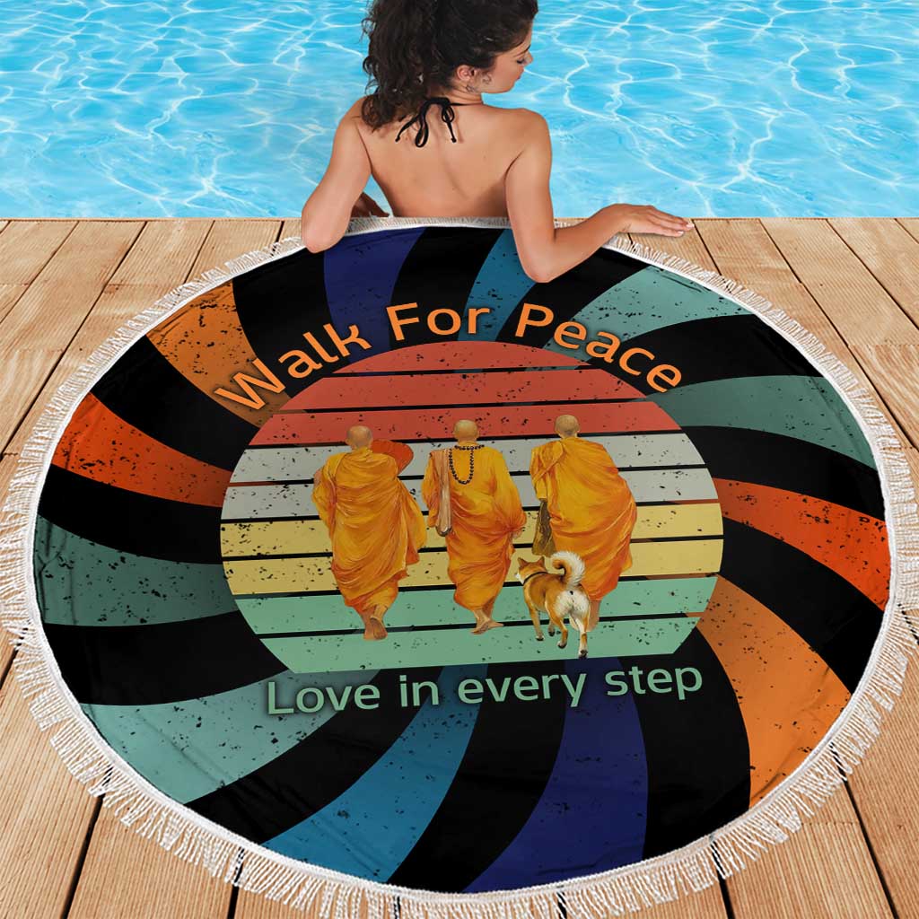 Buddhist Monks Walk For Peace Beach Blanket with Retro Sunset Swirl Pattern