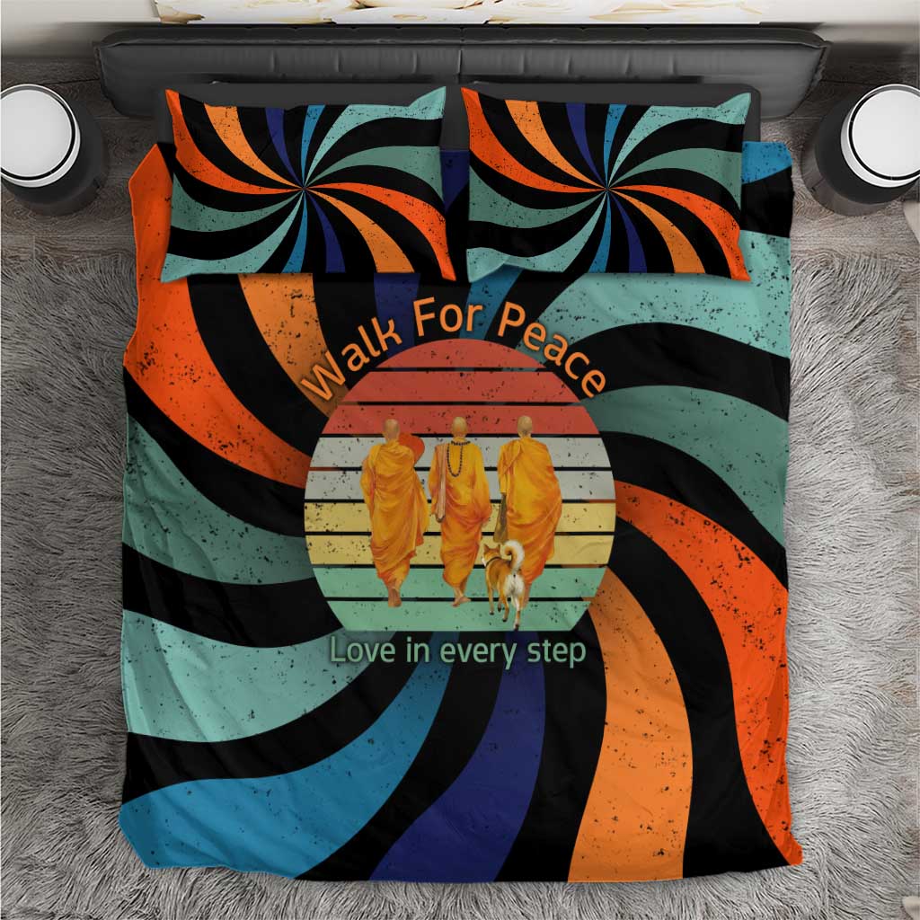 Buddhist Monks Walk For Peace Bedding Set with Retro Sunset Swirl Pattern