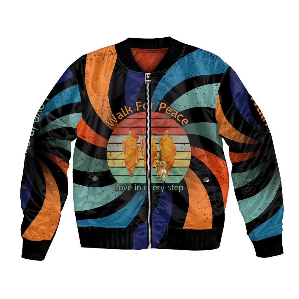Buddhist Monks Walk For Peace Bomber Jacket with Retro Sunset Swirl Pattern