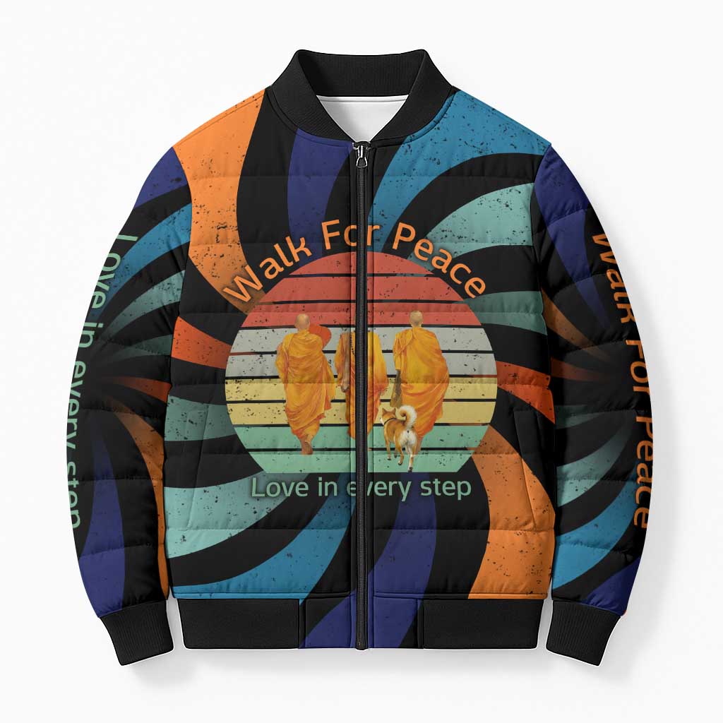 Buddhist Monks Walk For Peace Bomber Puffer Jacket with Retro Sunset Swirl Pattern