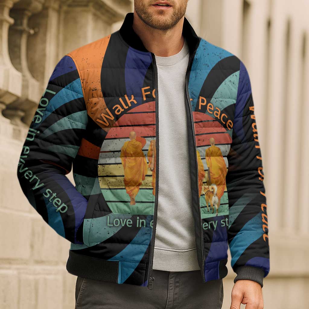 Buddhist Monks Walk For Peace Bomber Puffer Jacket with Retro Sunset Swirl Pattern