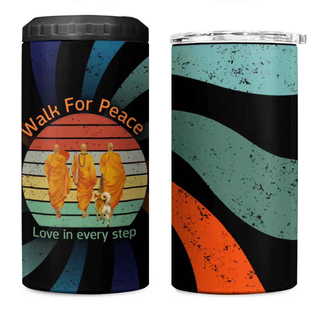 Buddhist Monks Walk For Peace 4 in 1 Can Cooler Tumbler with Retro Sunset Swirl Pattern