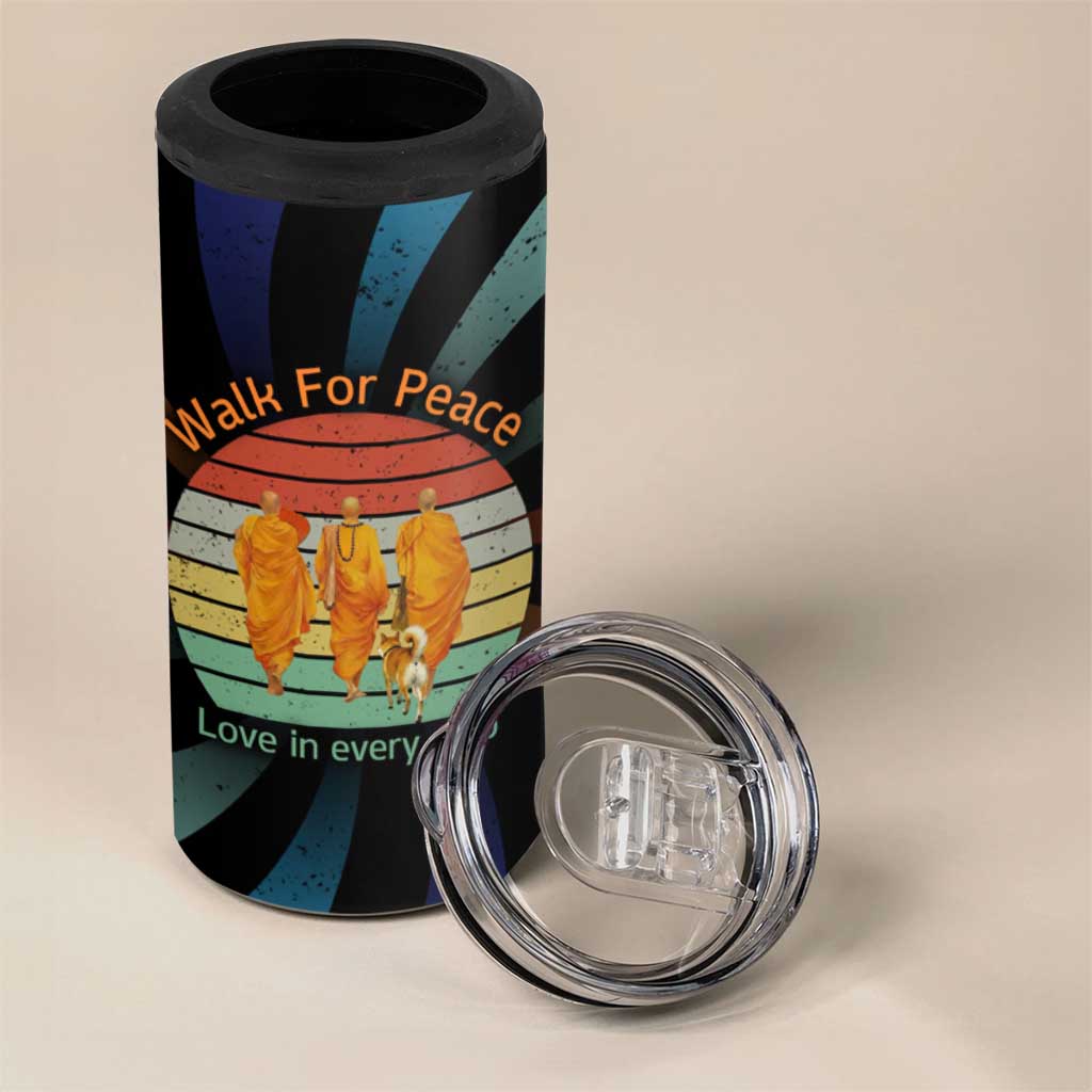 Buddhist Monks Walk For Peace 4 in 1 Can Cooler Tumbler with Retro Sunset Swirl Pattern