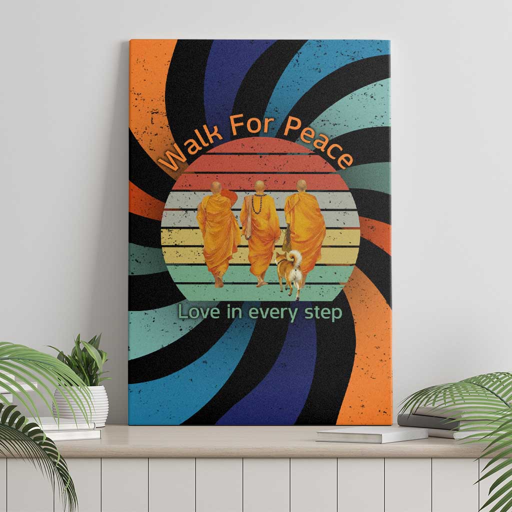 Buddhist Monks Walk For Peace Canvas Wall Art with Retro Sunset Swirl Pattern