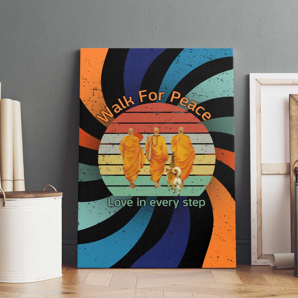 Buddhist Monks Walk For Peace Canvas Wall Art with Retro Sunset Swirl Pattern